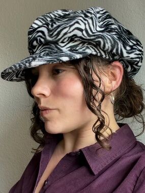 Vintage Arlin Zebra Print Newsboy Hat  | Faux Fur Cabby Cap | Y2K Statement Hat